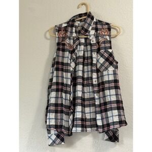 Tillys IDYLLWIND Plaid Cold Shoulder Floral Embroidered Snap Front Shirt XS